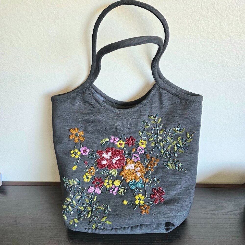 Vintage C. Marie Womens Large Purse Bag Beaded Floral Front & Back Zip Top